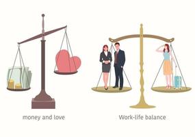 balans mellan arbete och liv. vikten av pengar och kärlek. vektor