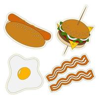 Hamburger, heiß Hund und ein gebraten Ei mit Streifen von Speck. Aufkleber Pack von 4 Beliebt schnell Essen Typen vektor