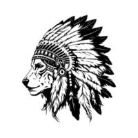 ein Sammlung von Hand gezeichnet Abbildungen mit ein Wolf tragen indisch Chef Kopf Zubehör. das Designs sind schwarz und Weiß und Vitrine das Wolf mit Gefieder, Kopfschmuck, und Stammes- Verzierungen vektor