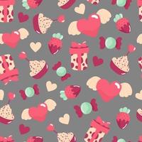 nahtlos Muster mit Erdbeere, Cupcake, Geschenk Kasten, Süßigkeiten und Herz. Februar 14, romantisch Tag. auf ein dunkel grau Hintergrund. vektor