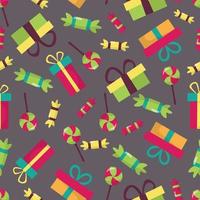 nahtlos festlich Muster zum ein Geburtstag. mit das Bild von Geschenk Kisten, Lutscher und Süßigkeiten. im bunt Farbe auf ein dunkel Hintergrund. vektor