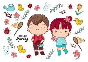 Frühling Elemente im süß Hand gezeichnet Karikatur Stil Vektor Illustration. Frühling Junge und Mädchen im Blühen Konzept.