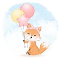 süß Fuchs und Luftballons Hand gezeichnet Karikatur Illustration Aquarell Hintergrund vektor