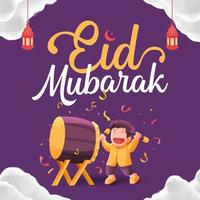 eid Mubarak Kalligraphie mit Muslim Kind spielen Trommel oder Bettwanze Illustration vektor