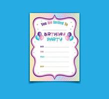 Lycklig födelsedag inbjudan kort med lutning prickad bakgrund och färgrik ram , ballonger , stjärnor för födelsedag fest vektor illustration