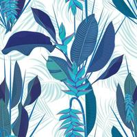gren tropisk heliconia blomma löv sömlös bakgrund. vattenfärg realistisk teckning i platt blå Färg stil. isolerat på vit bakgrund vektor