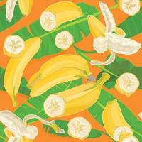 nahtlos Hand gezeichnet tropisch Muster mit Palme Blätter, Urwald exotisch Blatt und Banane Obst auf Orange Hintergrund vektor