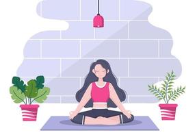 Yoga oder Meditationspraktiken zielen auf die gesundheitlichen Vorteile des Körpers ab, um Gedanken, Emotionen, den Beginn und die Suche nach Ideen zu kontrollieren. flache Designvektorillustration vektor