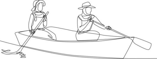 kontinuierlich eine Linie Zeichnung von zwei Touristen Rudern ein Boot auf ein schön See. Erfahrung im Reisender Konzept. Single Linie Zeichnung Design Grafik Vektor Illustration