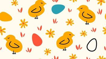 söt påsk sömlös vektor mönster illustration med färgrik ägg, gul daisy blommor och liten kyckling på vit bakgrund