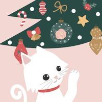 süß schön komisch Hand gezeichnet Ferien Karikatur Gruß Karte mit bunt Weihnachten Baum und Weiß bezaubernd Katze gemütlich Vektor Hintergrund Illustration