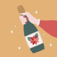 süß Karikatur Konzept Vektor Ferien Illustration im eben Stil mit weiblich Hand halten Champagner Flasche