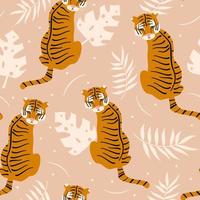 Hand gezeichnet nahtlos Vektor Muster Illustration mit Tiger, Monstera Blätter auf Beige Hintergrund