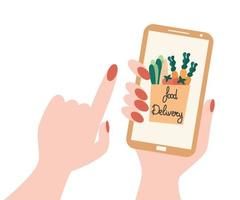 Essen Lieferung Bedienung Konzept Vektor Illustration mit Hand halten ein Telefon