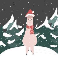 söt jul tecknad serie karaktär lama i de snö med röd santa claus hatt och scarf rolig vinter- säsong högtider vektor illustration för hälsning kort