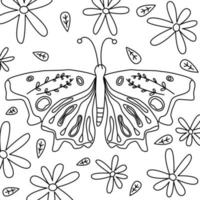 söt svart och vit vektor konst design med fjäril insekt, daisy blommor och löv hand dragen illustration för färg bok