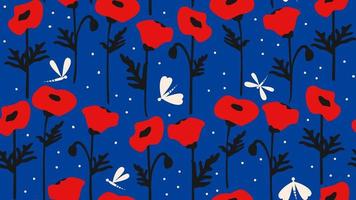 süß Hand gezeichnet rot Mohn Blumen nad Libellen auf beschwingt Blau Hintergrund bunt abstrakt nahtlos Vektor Muster Illustration