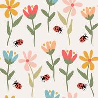 süß abstrakt einfach nahtlos Vektor Muster Hintergrund Illustration mit bunt Blumen und rot Marienkäfer Insekten