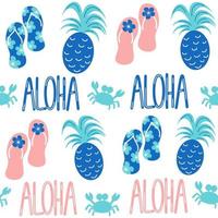 söt härlig sömlös vektor mönster bakgrund illustration med ananas, krabbor, flip flop och aloha ord