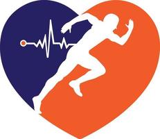 puls maraton logotyp design ikon vektor. kropp hälsa vård logotyp design. löpning man med linje ecg hjärtslag ikon. vektor