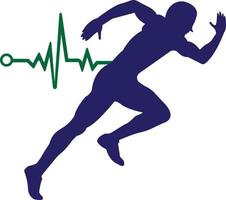 Puls-Marathon-Logo-Design-Ikonenvektor. Logo-Design für die Körpergesundheit. Laufender Mann mit Linien-EKG-Herzschlag-Symbol. vektor