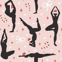 söt rolig tecknad serie högtider sömlös vektor mönster bakgrund illustration med kvinna silhuett med santa claus hatt i yoga poser och Övrig jul element