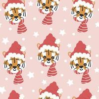 söt tecknad serie förtjusande hand dragen karaktär bebis tiger med santa claus hatt och stjärnor jul sömlös vektor mönster illustration för barn på rosa bakgrund