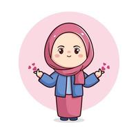 süß Hijab Mädchen mit Liebe Zeichen kawaii Chibi Karikatur eben Charakter vektor
