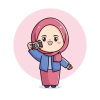 söt hijab flicka innehav kamera kvinna fotograf platt illustration karaktär vektor