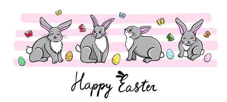 glücklich Ostern Banner. modisch Ostern Design mit süß Kaninchen und Eier, Vektor Illustration