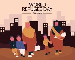 Illustration Vektor Grafik von zwei Frauen und ihr Kinder floh das Stadt durch das Wüste, perfekt zum International Tag, Welt Flüchtling Tag, zelebrieren, Gruß Karte, usw.