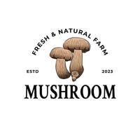 Champignons Abzeichen Logo Vorlage. Hand gezeichnet Pilze skizzieren mit retro Typografie. Prämie Pflanze basierend vegan Essen Emblem. isoliert vektor