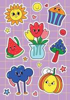 Vektor Karikatur Stickerpack Kinderspiel Stil. retro Stimmung 90er. groovig Pilz und andere komisch Charakter Illustration