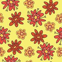 Jahrgang nahtlos Muster mit retro dekorativ Blumen auf Gelb Hintergrund. Muster mit Primitive bunt retro Jahrgang Blumen 1970 vektor