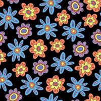dekorativ retro Blumen- nahtlos Muster mit Primitive bunt retro Jahrgang Blumen 1970. Jahrgang Blumen- Muster auf schwarz Hintergrund vektor