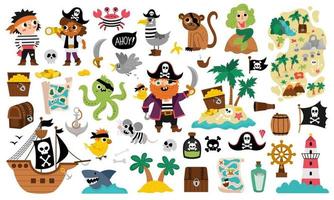 vektor pirat uppsättning. söt hav äventyr ikoner samling. skatt ö illustrationer med fartyg, kapten, sjömän, bröst, Karta, papegoja, apa, Karta. rolig pirat fest element för ungar.