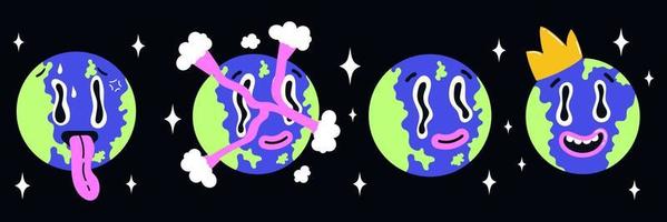 psychedelic jord planet karaktär uppsättning i trendig y2k tecknad serie stil. planet med krona, förstörd planet. vattnig ögon. konstig trippy stil och vibrerande färger. vektor illustration. 90-2000-tal nostalgi.