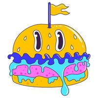 psychedelisch retro Karikatur Burger Charakter. modern Aufkleber mit Hamburger. komisch Gesichter mit verzerrt Augen und beschwingt Farben. fließend Textur. verrückt Vektor Illustration.