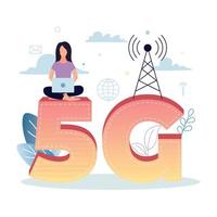 5g Handy, Mobiltelefon Internet. ein Frau mit ein Laptop sitzt auf 5g, gegen das Hintergrund von Pflanzen, Netzwerk Symbole, Internet, Turm, Wolken. Vektor Illustration.