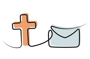 Christian Symbol Kreuz und Briefumschlag im einer Linie und Farbe vektor