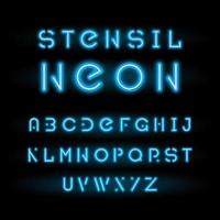 stencil neon typsnitt, blå modul- runda alfabet vektor