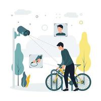 cctv. vektor illustration en man stjäl en cykel, en övervakning kamera tar den av. en övervakning kamera fångar en brottslighet, en man med en kniv stjäl någon annan cykel.