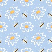 nahtlos Muster mit Honig Bienen, Gänseblümchen und Polka Punkte auf Blau Hintergrund vektor
