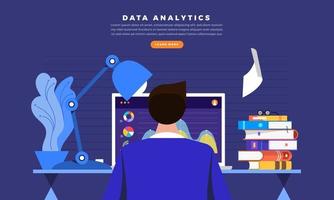 affärsman vid skrivbordet som arbetar med dataanalys på datorn vektor