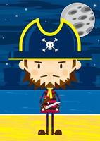 süß Karikatur verwegen Pirat Kapitän mit Schwert auf das Strand durch Mondlicht vektor
