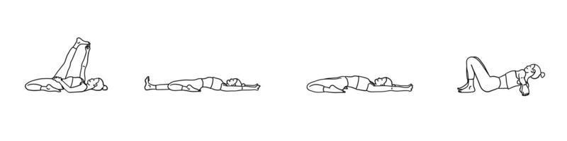 flexibilitet yoga poser samling. kvinna, lady, kvinna, flicka. meditation, pilates, mental hälsa, Träning Gym. vektor illustration i tecknad serie översikt klotter stil isolerat på vit bakgrund.