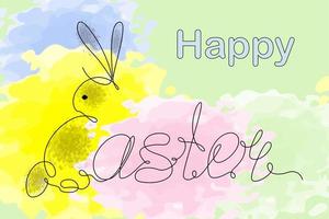 Lycklig påsk text och påsk kanin i ett kontinuerlig linje mot abstrakt vattenfärg fläckar vektor