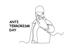 enda en linje teckning man bär terrorist kläder. antiterrorism dag begrepp kontinuerlig linje dra design grafisk vektor illustration