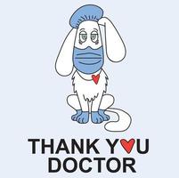 vit hund läkare i medicinska kläder och skydd - mask, handskar, hatt och endoskop på en blå bakgrund. vektor, konturteckning. kampen mot virus och covid-19 och tack till läkarna vektor