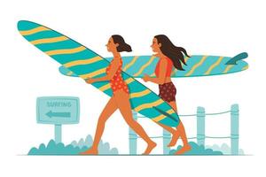 sport kvinnor innehav surfingbräda och gående på strand för sommar utomhus- sysselsättningar begrepp illustration vektor